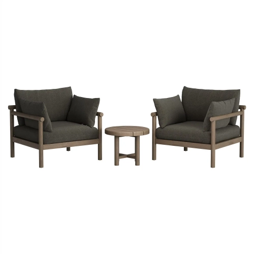 Eleni 3 Piece Outdoor Accent Chair & Ottoman Set in Weathered Gray Teak & Gray Fabric