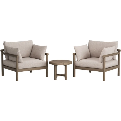 Eleni 3 Piece Outdoor Accent Chair & Ottoman Set in Weathered Gray Teak & Pebble Fabric