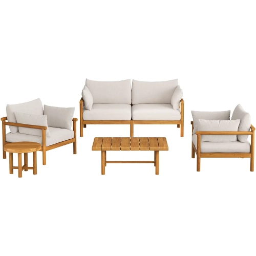 Eleni 5 Piece Outdoor Loveseat Set in Natural Teak & Sail White Fabric