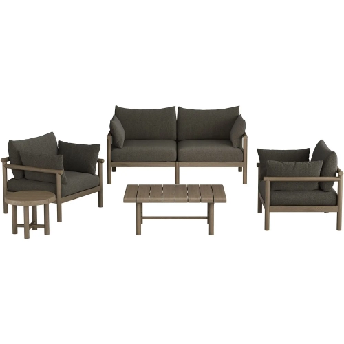 Eleni 5 Piece Outdoor Loveseat Set in Weathered Gray Teak & Gray Fabric