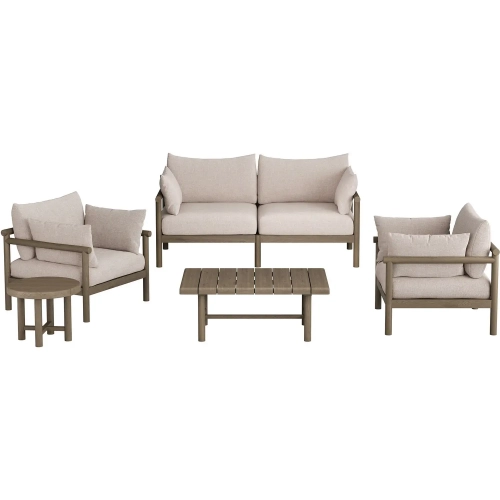 Eleni 5 Piece Outdoor Loveseat Set in Weathered Gray Teak & Pebble Fabric