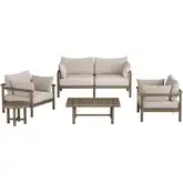 Eleni 5 Piece Outdoor Loveseat Set in Weathered Gray Teak & Pebble Fabric