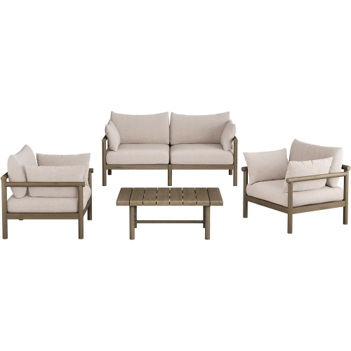 Eleni 4 Piece Outdoor Loveseat Set in Weathered Gray Teak & Pebble Fabric