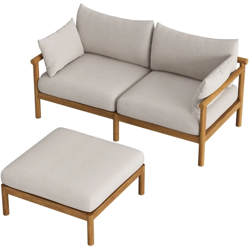 Eleni Outdoor Loveseat & Ottoman Set in Natural Teak & Sail White Fabric