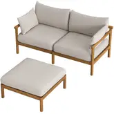 Eleni Outdoor Loveseat & Ottoman Set in Natural Teak & Sail White Fabric
