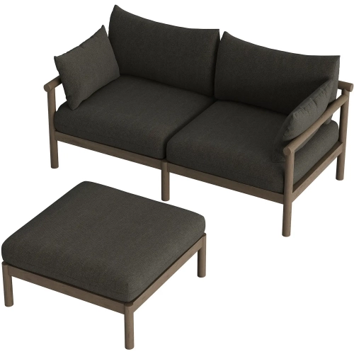 Eleni Outdoor Loveseat & Ottoman Set in Weathered Gray Teak & Gray Fabric