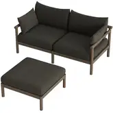 Eleni Outdoor Loveseat & Ottoman Set in Weathered Gray Teak & Gray Fabric