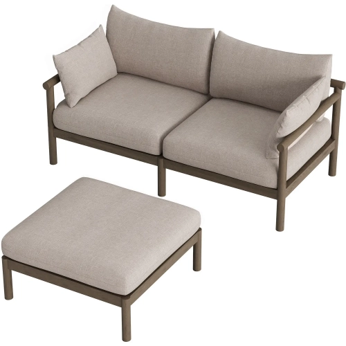 Eleni Outdoor Loveseat & Ottoman Set in Weathered Gray Teak & Pebble Fabric