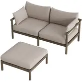 Eleni Outdoor Loveseat & Ottoman Set in Weathered Gray Teak & Pebble Fabric