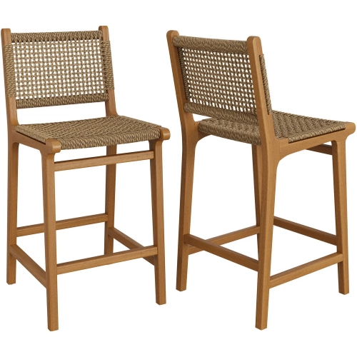 Rowe Outdoor Counter Chair in Teak Wood & Faux Rattan (Set of 2)