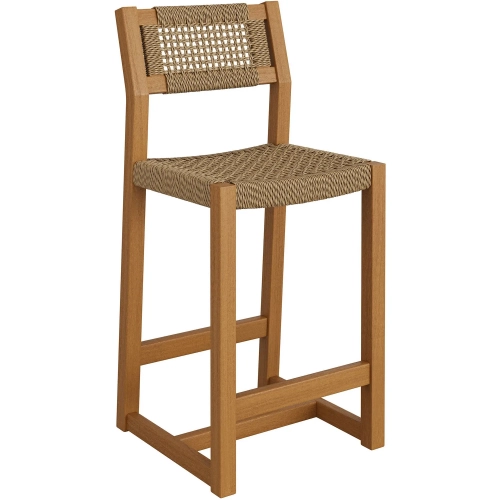 Reed Outdoor Counter Stool in Teak Wood & Faux Rattan