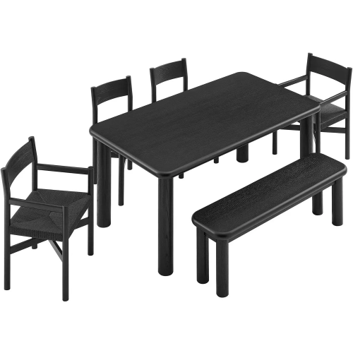 Alvia 6 Piece Dining Table Set in Black Oak Wood & Paper Rope