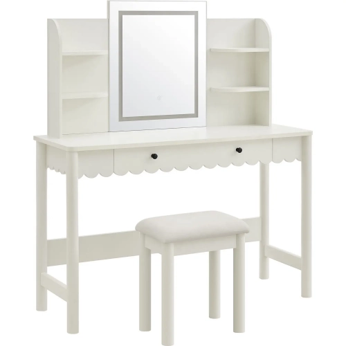 Emmeline Scalloped Bedroom Vanity with LED Mirror & Stool in Ivory Wood