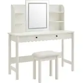 Emmeline Scalloped Bedroom Vanity with LED Mirror & Stool in Ivory Wood