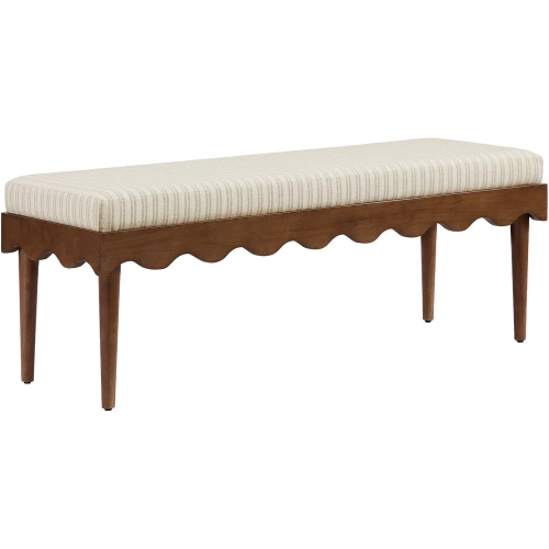 Mirette Scalloped Edge Bench in Wood & Oatmeal Stripe Fabric