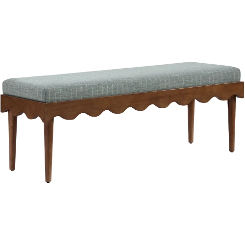 Mirette Scalloped Edge Bench in Wood & Spa Blue Stripe Fabric