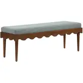 Mirette Scalloped Edge Bench in Wood & Spa Blue Stripe Fabric