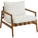 Nomi Outdoor Sling Accent Chair in Natural Teak, Brown Vegan Leather & White Fabric