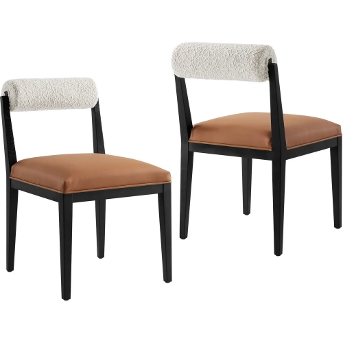 Kai Dining Chair in Black Wood, Pearl Boucle Fabric & Tan Vegan Leather (Set of 2)