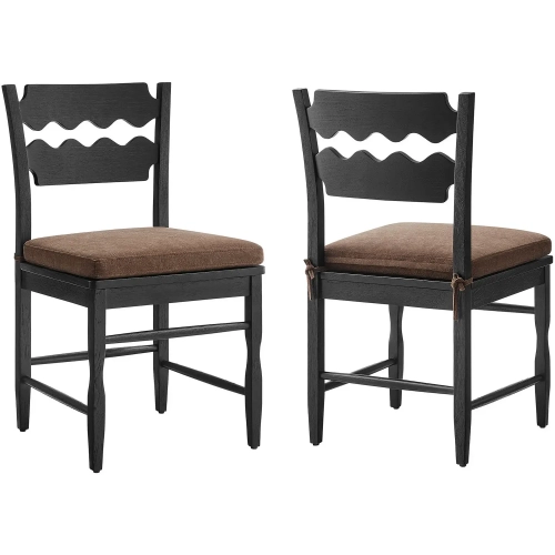 Jax Wavy Razor Back Dining Chair in Black Oak & Cocoa Brown Fabric (Set of 2)