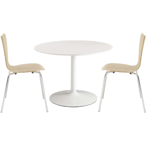 Revolve 3 Piece Round Dining Set in White, Natural Finish Wood & Chrome