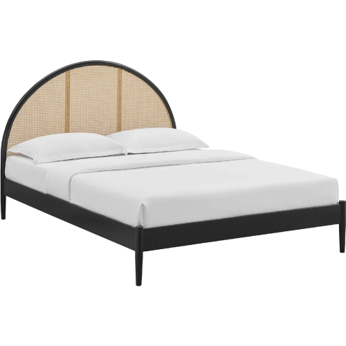 Odette Queen Arched Platform Bed in Black Wood & Rattan Cane