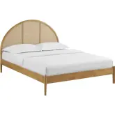 Odette Queen Arched Platform Bed in Oak Finish Wood & Rattan Cane