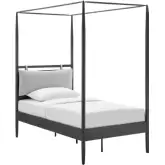 Marlowe 4 Poster Canopy Twin Platform Bed in Charcoal Black Metal & Neutral Fabric