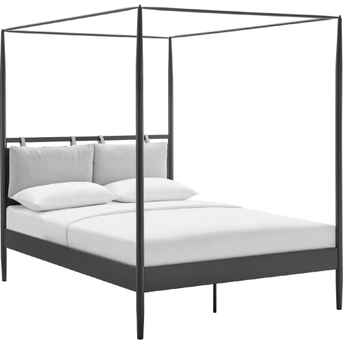 Marlowe 4 Poster Canopy Queen Platform Bed in Charcoal Black Metal & Neutral Fabric