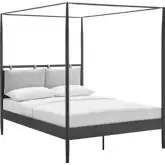 Marlowe 4 Poster Canopy Queen Platform Bed in Charcoal Black Metal & Neutral Fabric