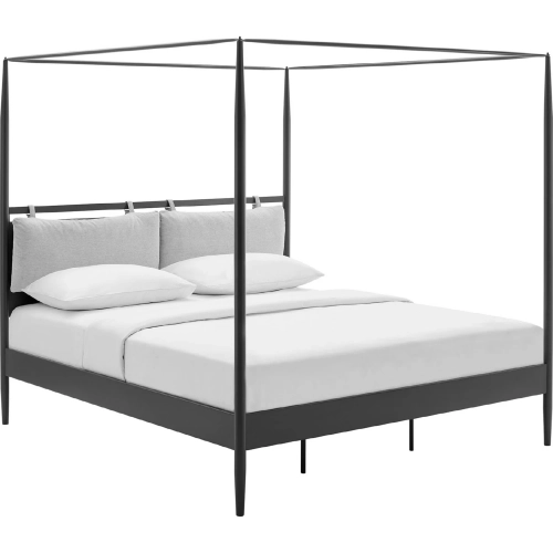 Marlowe 4 Poster Canopy King Platform Bed in Charcoal Black Metal & Neutral Fabric