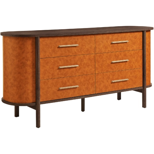 Coralie Curved 6 Drawer Dresser in Walnut Finish & Tan Vegan Leather