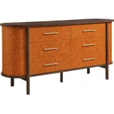 Coralie Curved 6 Drawer Dresser in Walnut Finish & Tan Vegan Leather