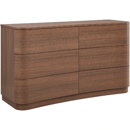 Mirae 6 Drawer Curved Dresser in Brushed Brown Oak Wood Grain Laminate