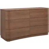 Mirae 6 Drawer Curved Dresser in Brushed Brown Oak Wood Grain Laminate