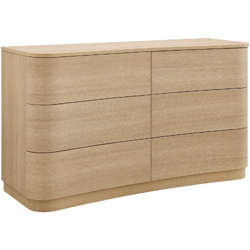 Mirae 6 Drawer Curved Dresser in Brushed Light Oak Wood Grain Laminate