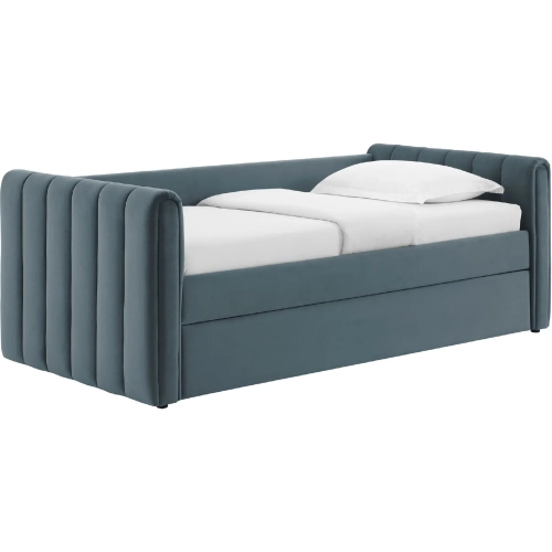 Veyla Twin Daybed w/ Twin Trundle in Channel Tufted Cadet Blue Performance Velvet