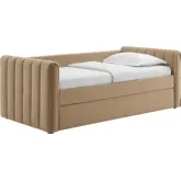 Veyla Twin Daybed with Twin Trundle in Channel Tufted Taupe Brown Performance Velvet
