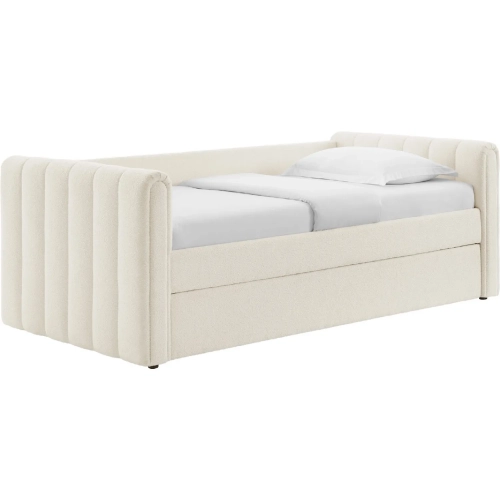 Veyla Twin Daybed w/ Twin Trundle in Channel Tufted Cloud White Boucle Fabric