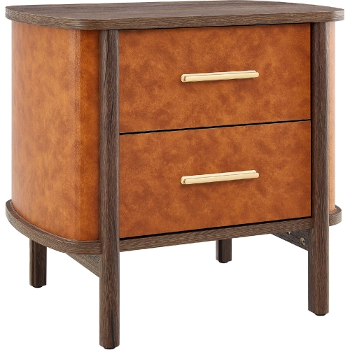 Coralie Curved 2 Drawer Nightstand in Walnut Finish & Tan Vegan Leather