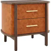 Coralie Curved 2 Drawer Nightstand in Walnut Finish & Tan Vegan Leather