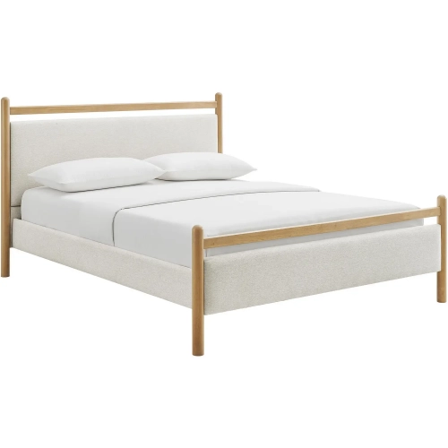 Ginny King Platform Bed in Light Oak & Heathered Ivory White Fabric