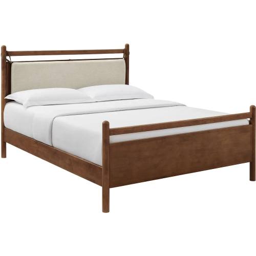 Leni King Platform Bed in Walnut Finish & Heathered Ivory Fabric