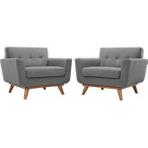 Engage Armchair in Tufted Gray Fabric w/ Cherry Finished Wood Legs (Set of 2)