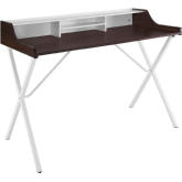 Bin Office Desk w/ Cherry Finish & White Top on White Steel Frame