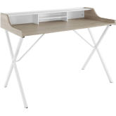 Bin Office Desk w/ Oak Finish & White Top on White Steel Frame