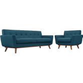 Engage Sofa & Armchair Set in Tufted Azure Fabric w/ Cherry Wood Legs