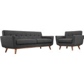 Engage Sofa & Armchair Set in Tufted Gray Fabric w/ Cherry Wood Legs