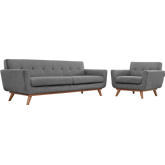 Engage Sofa & Armchair Set in Tufted Gray Fabric w/ Cherry Wood Legs