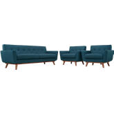 Engage Sofa & 2 Armchairs Set in Tufted Azure Fabric w/ Cherry Wood Legs